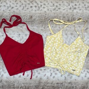 Hollister Halter Ruched Crop Tops, set of 2 (Red & Yellow Floral), size XS